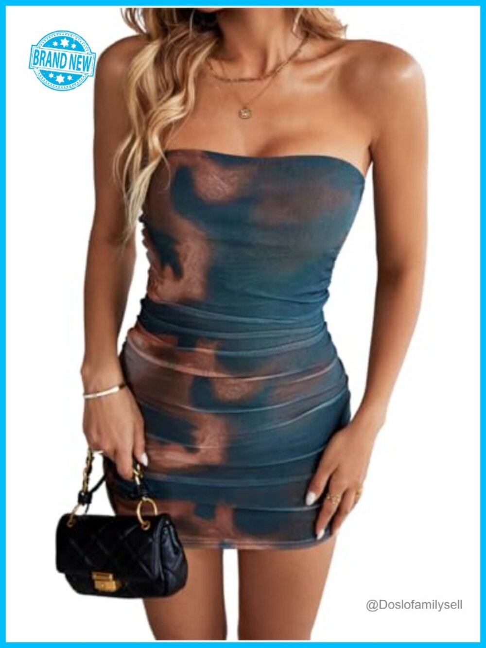 Women's Strapless Ruched Print Mesh Bodycon Mini Dress